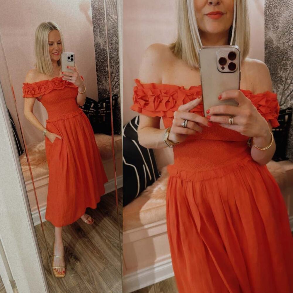 SEA New York Frida Off The Shoulder Smocked Midi Dress Coral Poppy XXS